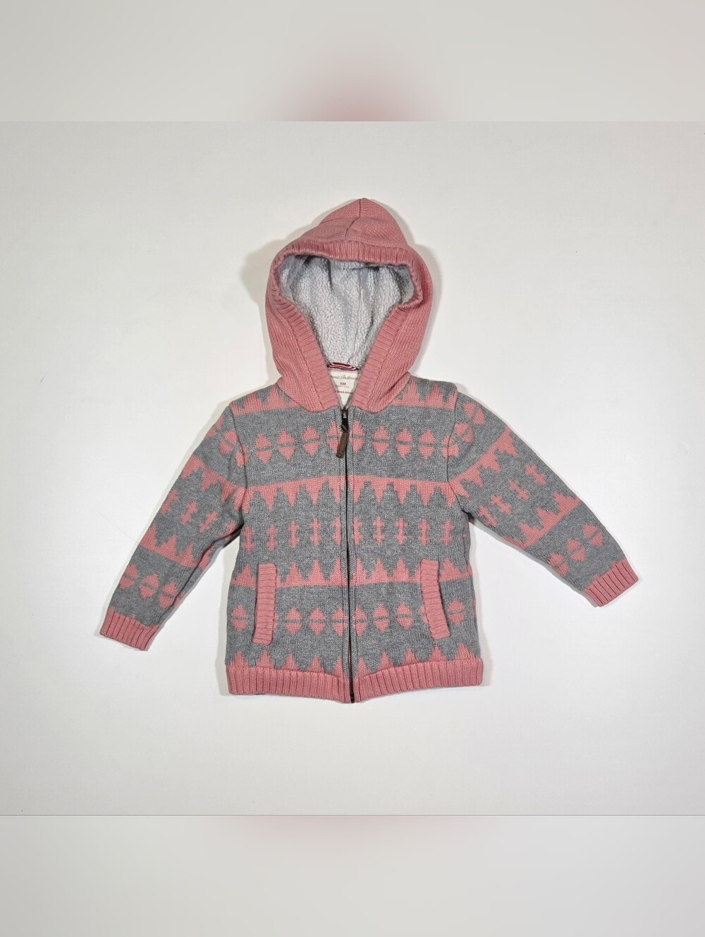Hanna Andersson Kids Sherpa Lined Full Zip Hoodie Sweater Grey Pink Size 4 100cm